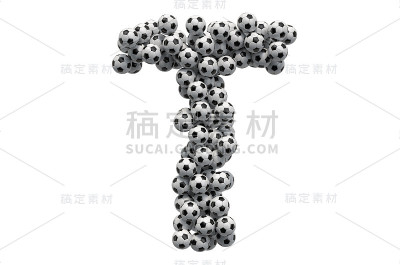 字母T来自足球，3D渲染孤立在白色背景