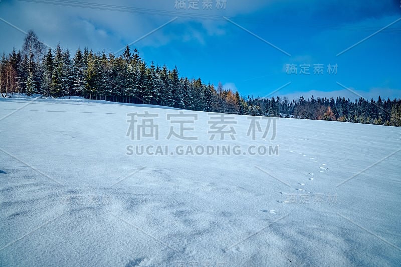 波兰南部美丽的冬季山地景观——阳光，大量的雪，蓝天和古老的森林