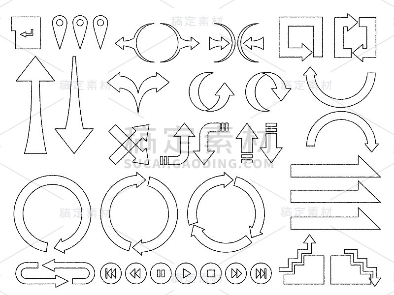 插图一套黑色线箭头在各种手绘风格。