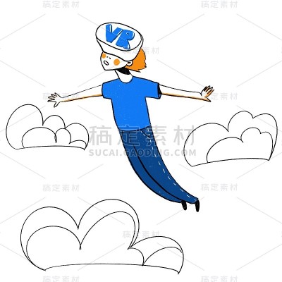 戴着VR眼镜的男孩在空中飞翔