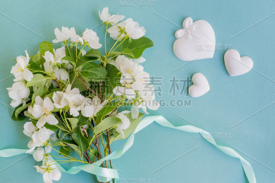 白色的春天的花在浅蓝色的背景