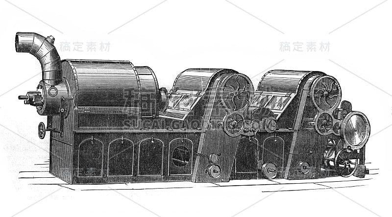 开棉机的插图在旧书《大英百科全书》第六卷，由C.布莱克，1877年，爱丁堡