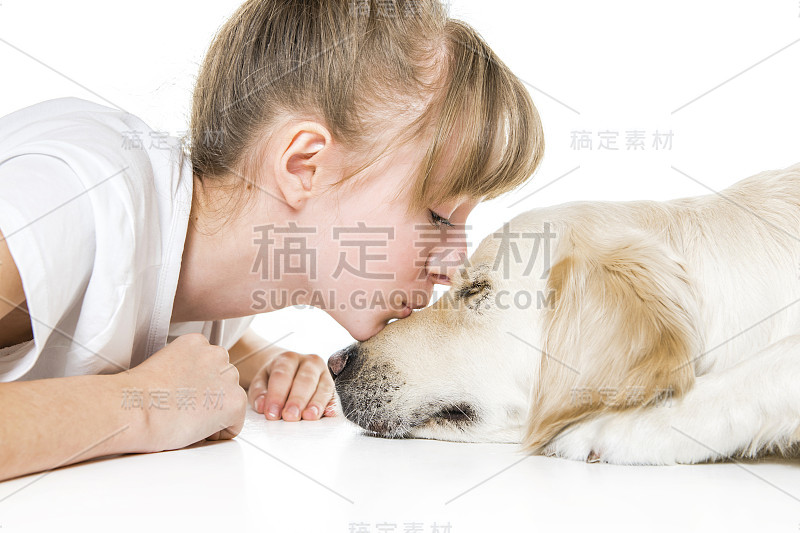 漂亮的少女和她美丽的金毛猎犬在白色的背景