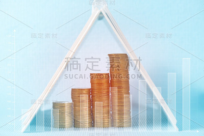 双重曝光步骤的硬币堆叠和笔记本纸与财务和复制空间添加文本，财务和商业规划的概念。