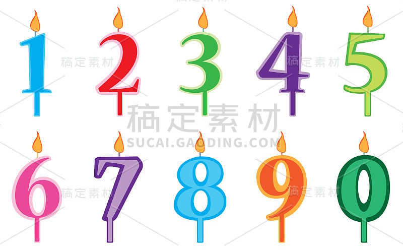 生日蜡烛卡通数字套装。蜡烛的数字。