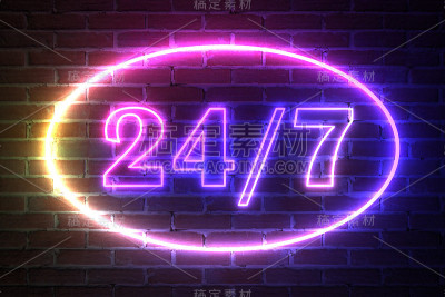 椭圆霓虹光框架与24小时和7天的周标志。3d渲染