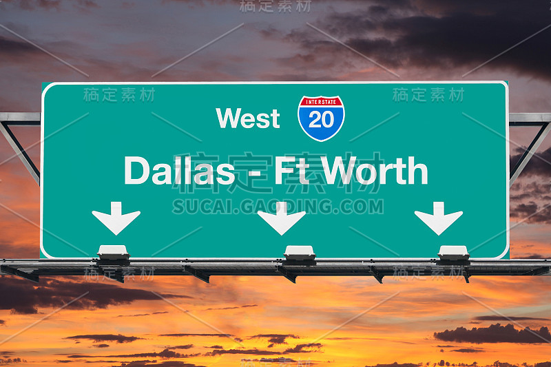 达拉斯Ft Worth 20号州际公路西公路日出标志