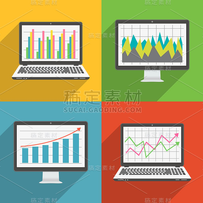 电脑屏幕和笔记本电脑平面设计图标与财务图表和图表