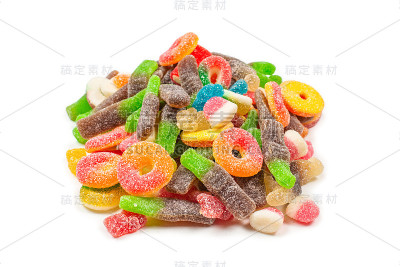 各种胶粘的糖果。前视图。果冻糖果。