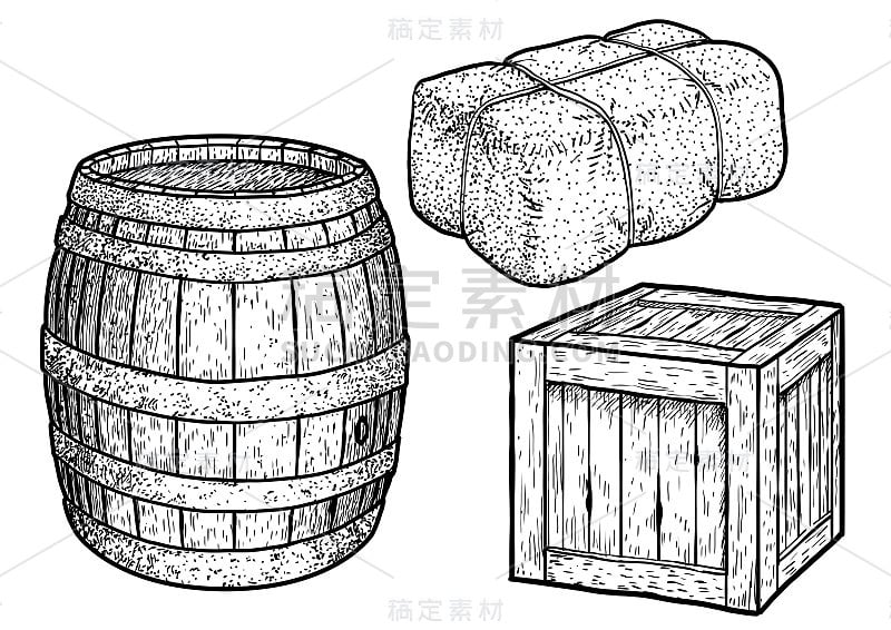 桶，盒，包装插图，绘画，雕刻，油墨，线条艺术，矢量