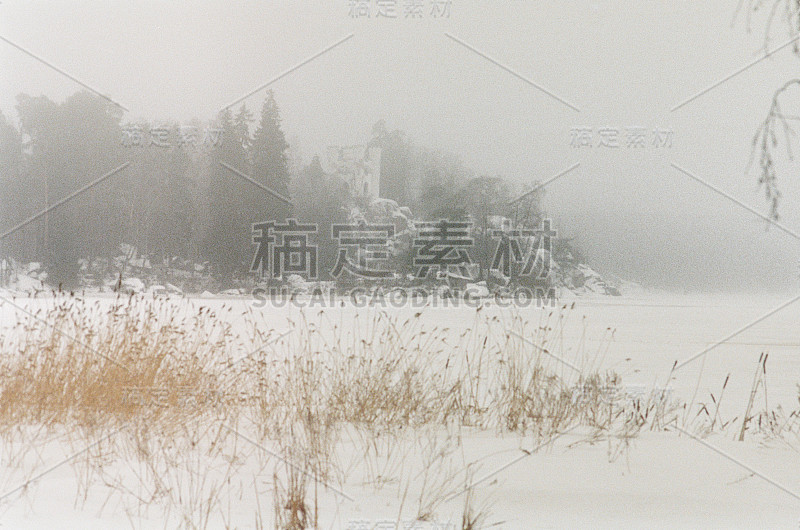 波罗的海沿岸在雾天被雪覆盖。海湾上有暴风雪。