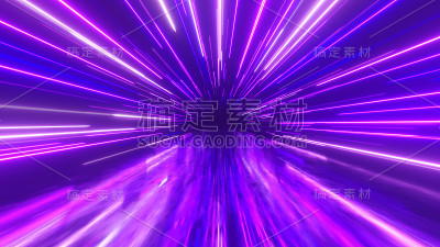 带着发光的霓虹线在太空飞行。多维空间。现代紫外光谱。蓝色紫色。三维演示