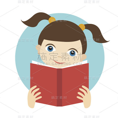 可爱的小女孩在看书。平面向量。