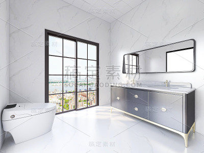3D效果图，洁净的现代住宅浴室和卫生间设计，配备盥洗台、马桶、浴缸、梳妆台、淋浴设备和绿色植物。