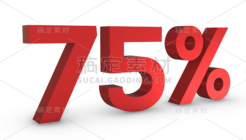 数字7fiv % 75%红色标志3D渲染隔离在白色Backgro