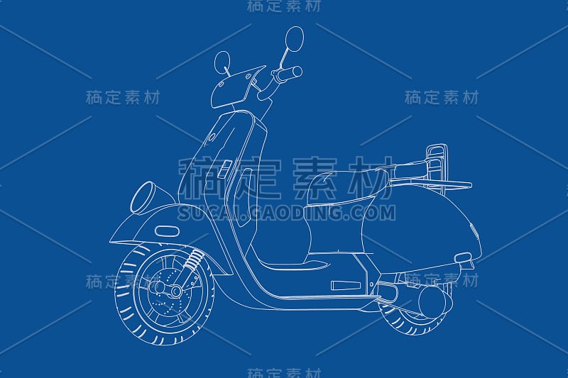 线框风格经典复古或电动滑板车蓝图的技术说明。3d渲染