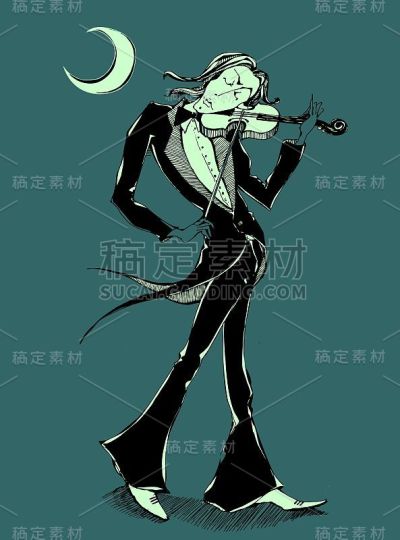 小提琴手拉小提琴。月亮在闪闪发光。浪漫的插图。晚上。向量。