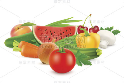 新鲜蔬菜和水果健康食品。矢量图