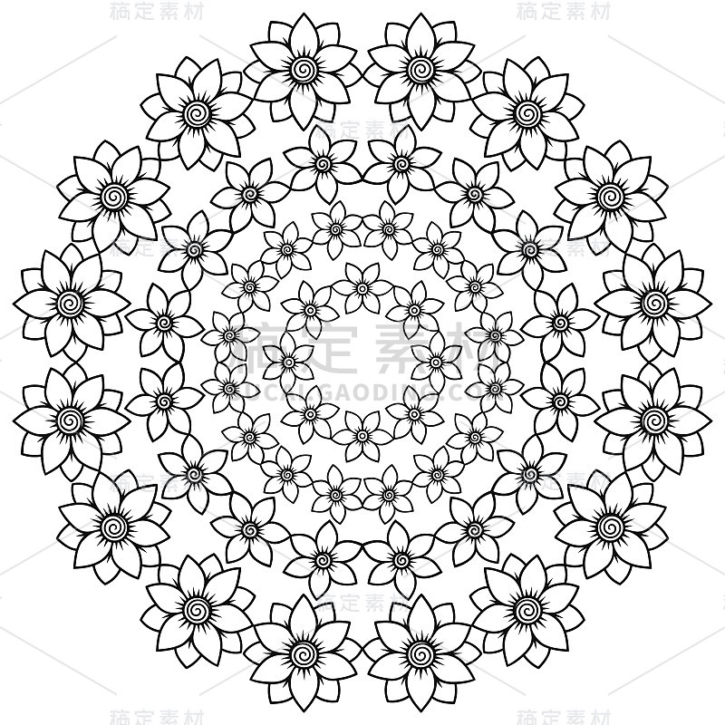 矢量指甲花纹身曼荼罗。手绘风格。