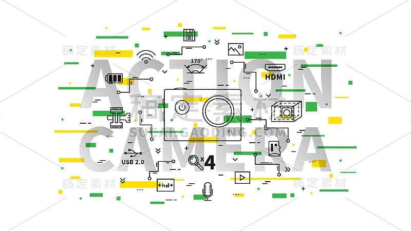 动作相机矢量插图与彩色元素