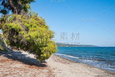 一个美丽的隐藏的希腊海滩在爱琴海哈尔基迪基