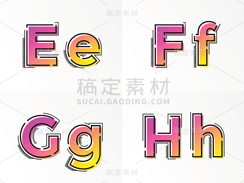 字母表设置字母E, F, G, H矢量字体渐变颜色线