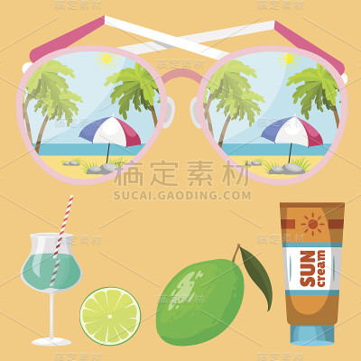 夏天的海滩海滨现实的配件矢量插图阳光旅行