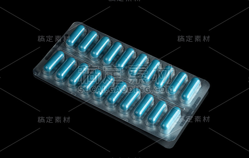 蓝色水泡医疗胶囊孤立在黑色镜子上