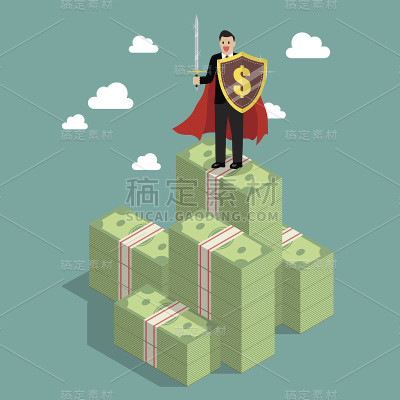用剑和盾保护金钱的商人
