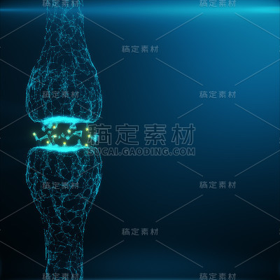蓝色发光的突触。人工智能概念中的人工神经元。脉冲的突触传输线。抽象多边形空间的低多边形连接点和线，三