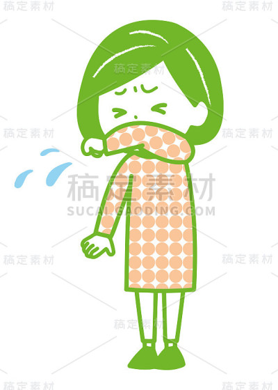 这是一个女人咳嗽或打喷嚏，同时抱着她的胳膊。矢量图像。