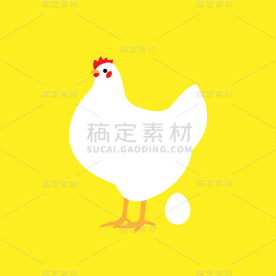 黄色背景中的鸡、母鸡和鸡蛋插图