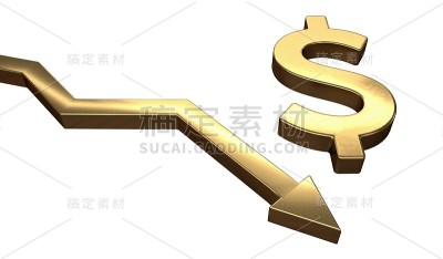 金元符号和箭头向下。孤立在白色背景上。3 d渲染插图。