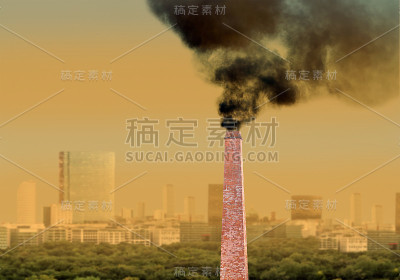 工厂冒着烟，背景是一座城市