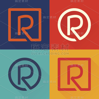 R字母扁图标在圆形和方形。