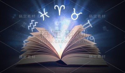 打开上面有十二星座的闪亮的占星书。3 d渲染插图。