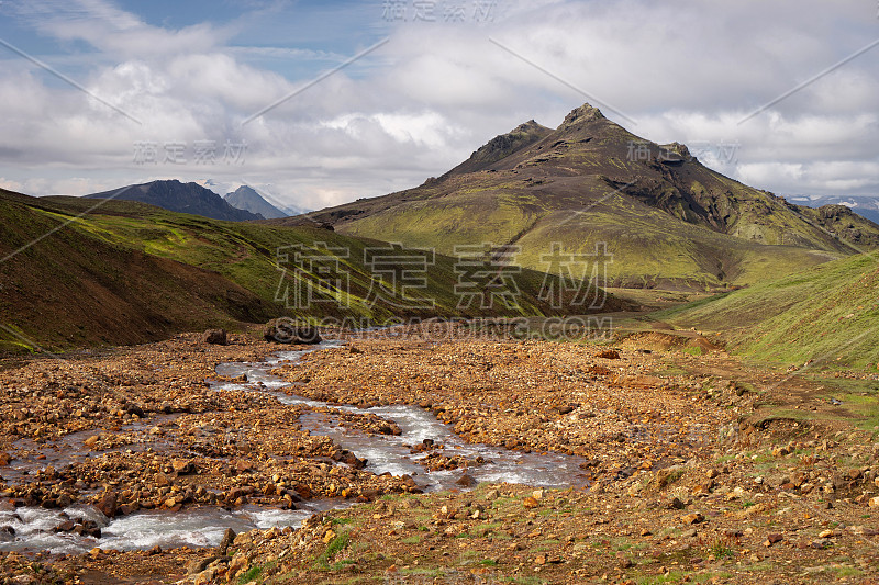 View mountain valley with green hills, river strea