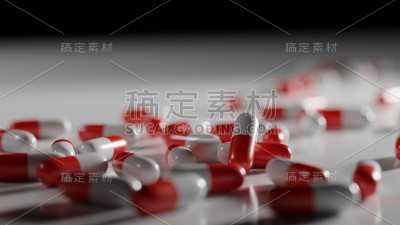 白色背景上的红色和白色药丸。处方药成瘾概念，制药行业。数字3 d渲染。