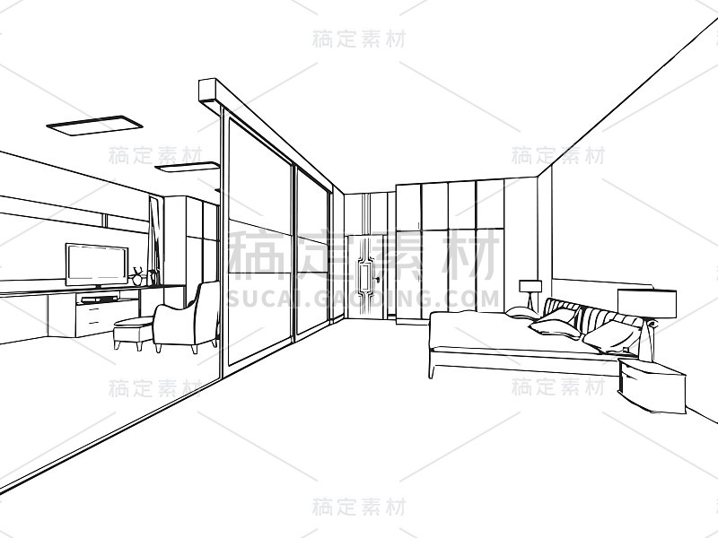 房子的轮廓草图和室内透视图