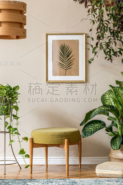 复古的客厅室内设计，设计复古的坐垫，吊灯，植物，仙人掌，装饰和金色的海报框在米黄色的墙壁上。时尚家居