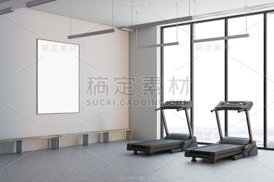 侧视图，白色房间里有两台跑步机