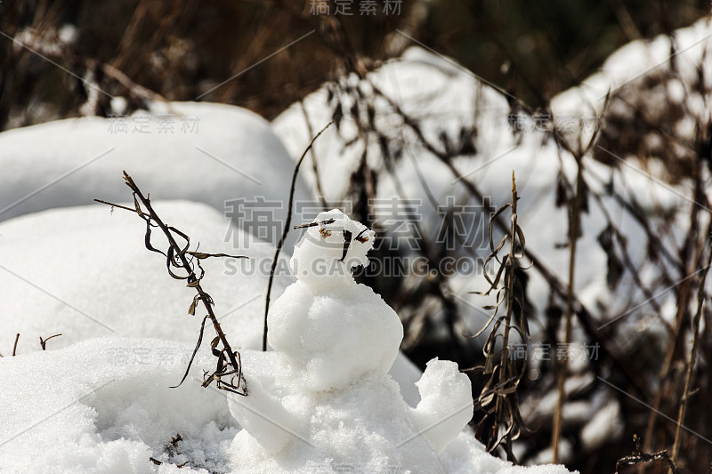 雪后游客用冰块堆了个小雪人。