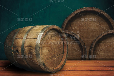 漂亮的木桶和破旧的红色木桌图案为背景进行设计。
