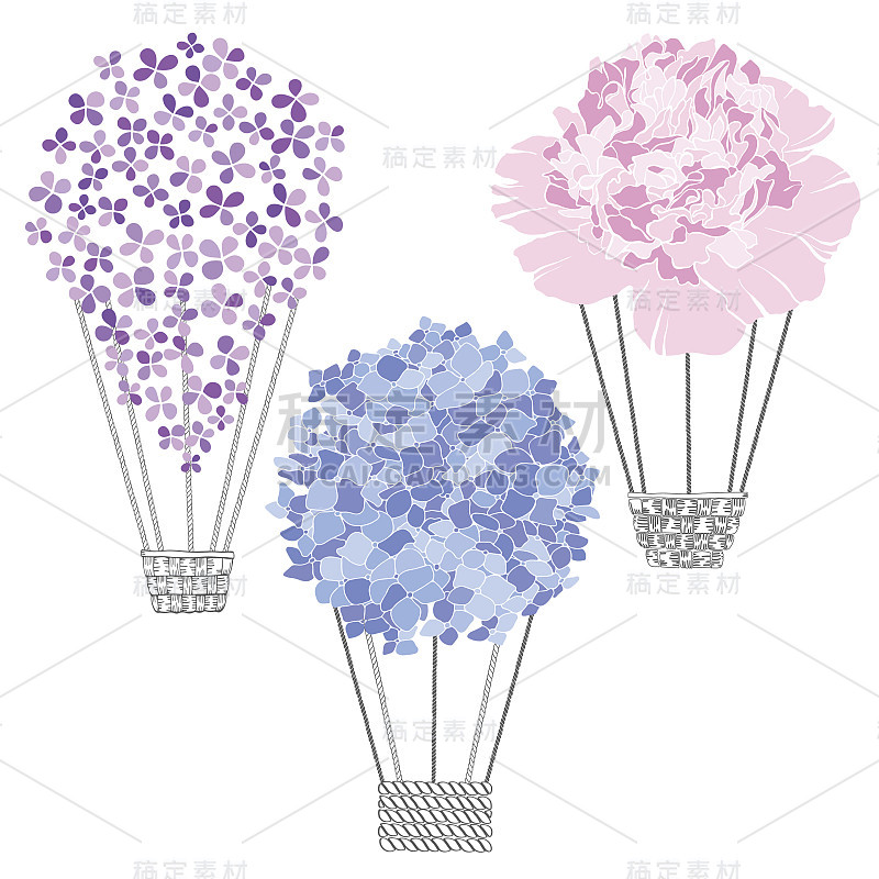 空气balloon-flowers。矢量插图三种不同的变体。草图，孤立的设计元素。