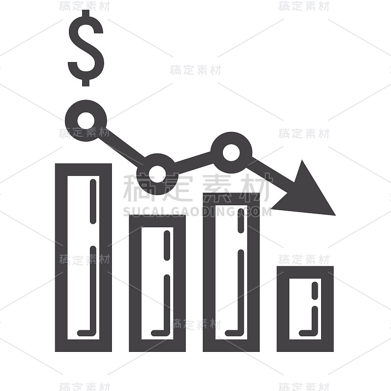 下降图形线图标，商业和金融，图表符号矢量图形，白色背景上的线性模式，每股收益10。