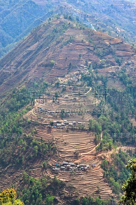 美丽的梯田耕作或梯田耕作在山区。山区的农业用地