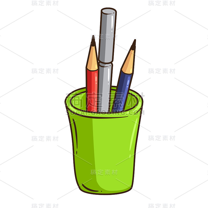 Vector illustration of pen and pencil in cup isola