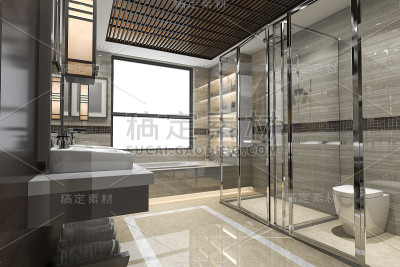 3d渲染现代阁楼浴室与豪华瓷砖装饰从窗户美丽的景色
