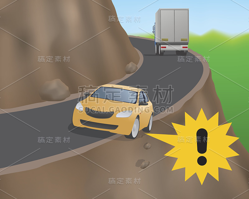 汽车在道路上的悬崖，矢量插图