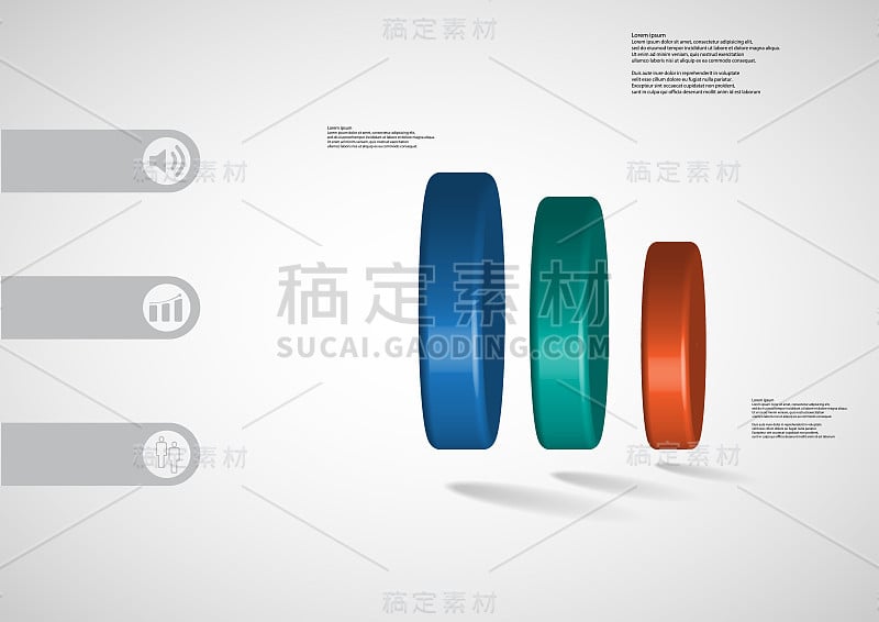 三维插图信息图形模板与三个颜色圆柱体的主题水平排列与简单的标志和样本文本在一边的酒吧。浅灰色渐变作为